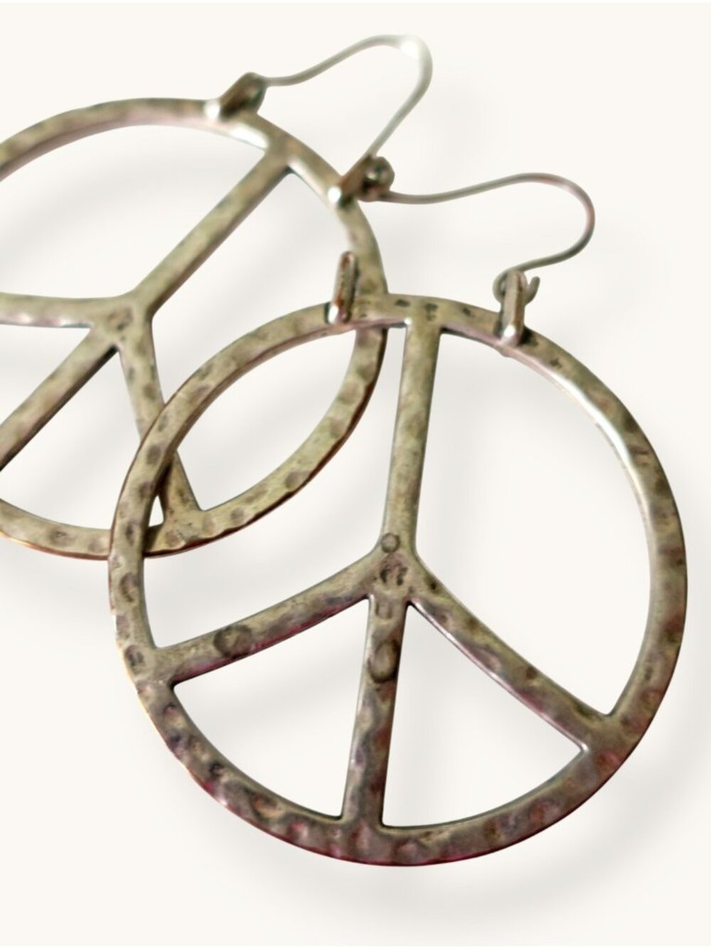 Lucky Brand Peace Sign Pierced Earrings Big Hammered Silver Distressed Vintage